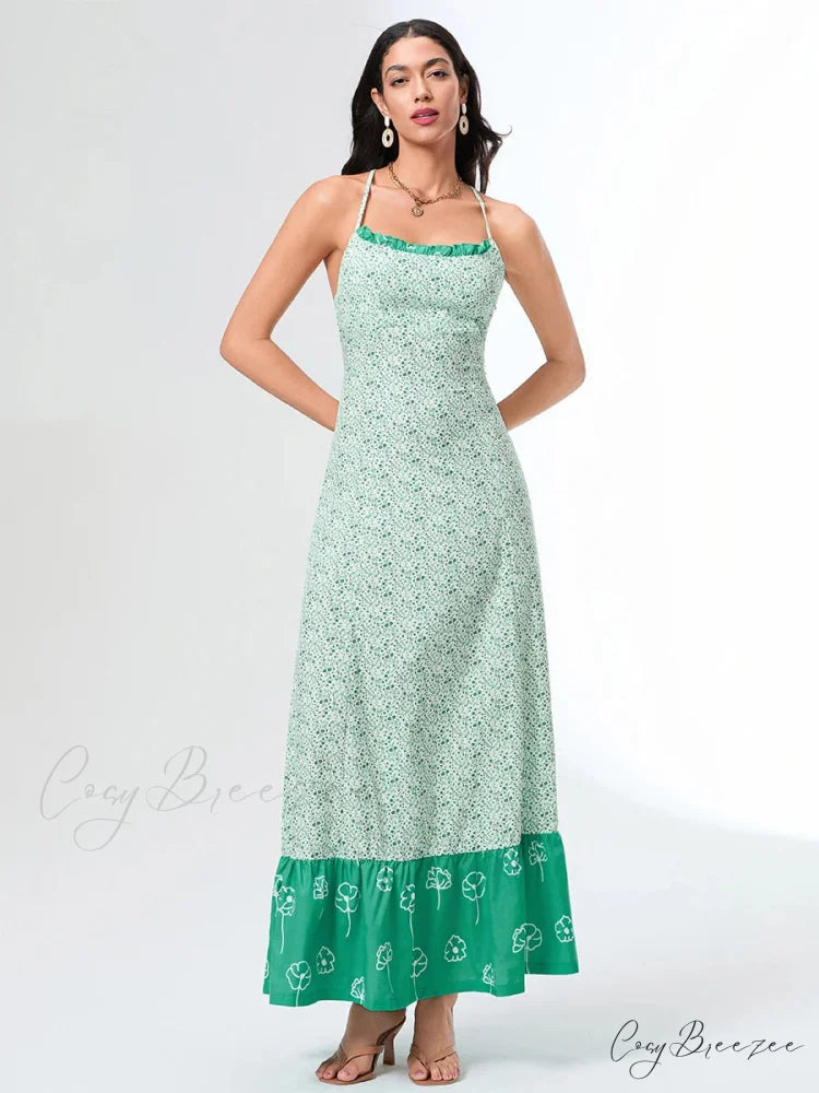 Green Floral Tie-up Back Cross Flowy Dress floraldress-250126