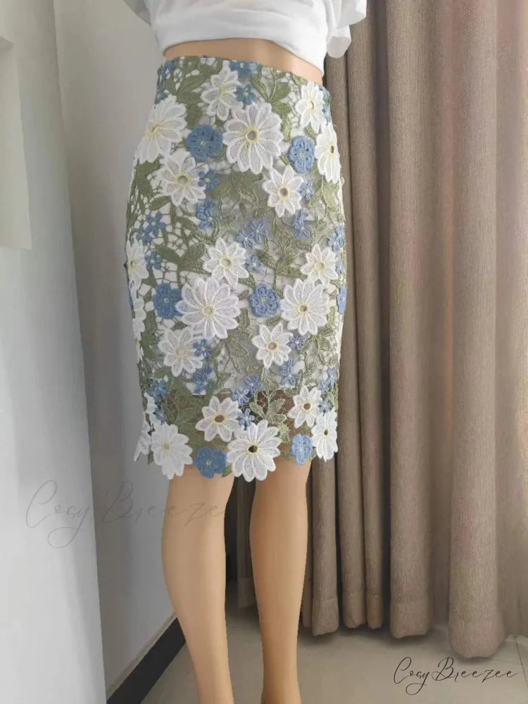 Green Lace Pencil Skirt Knee Length Bi-material Skirt skirt-250126