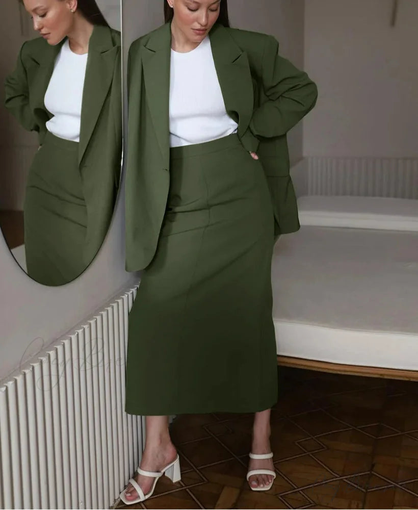 Green Long Sleeve Blazer Skirt Office Set officetwopieceset-250223