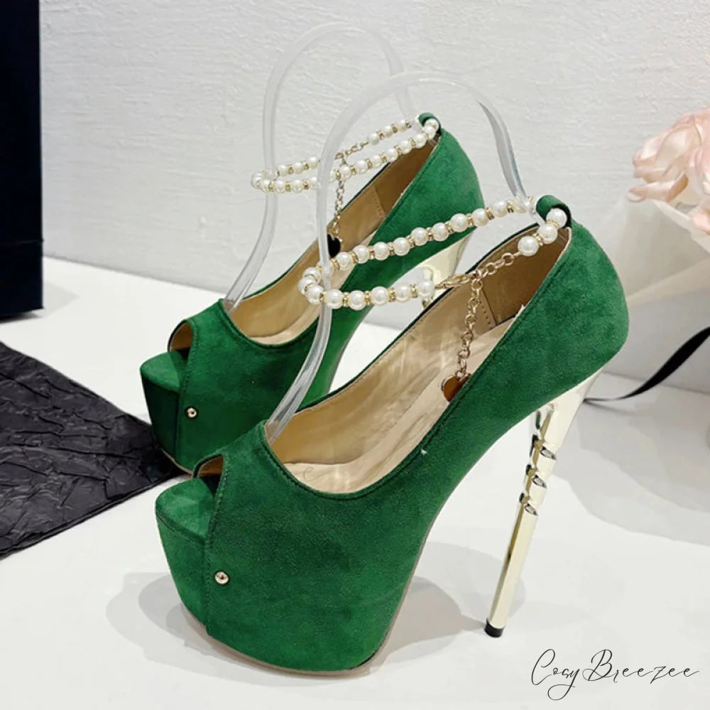 Green Peep Toe Wedding Banquet High Heels Platform Pumps with Ankle Strap