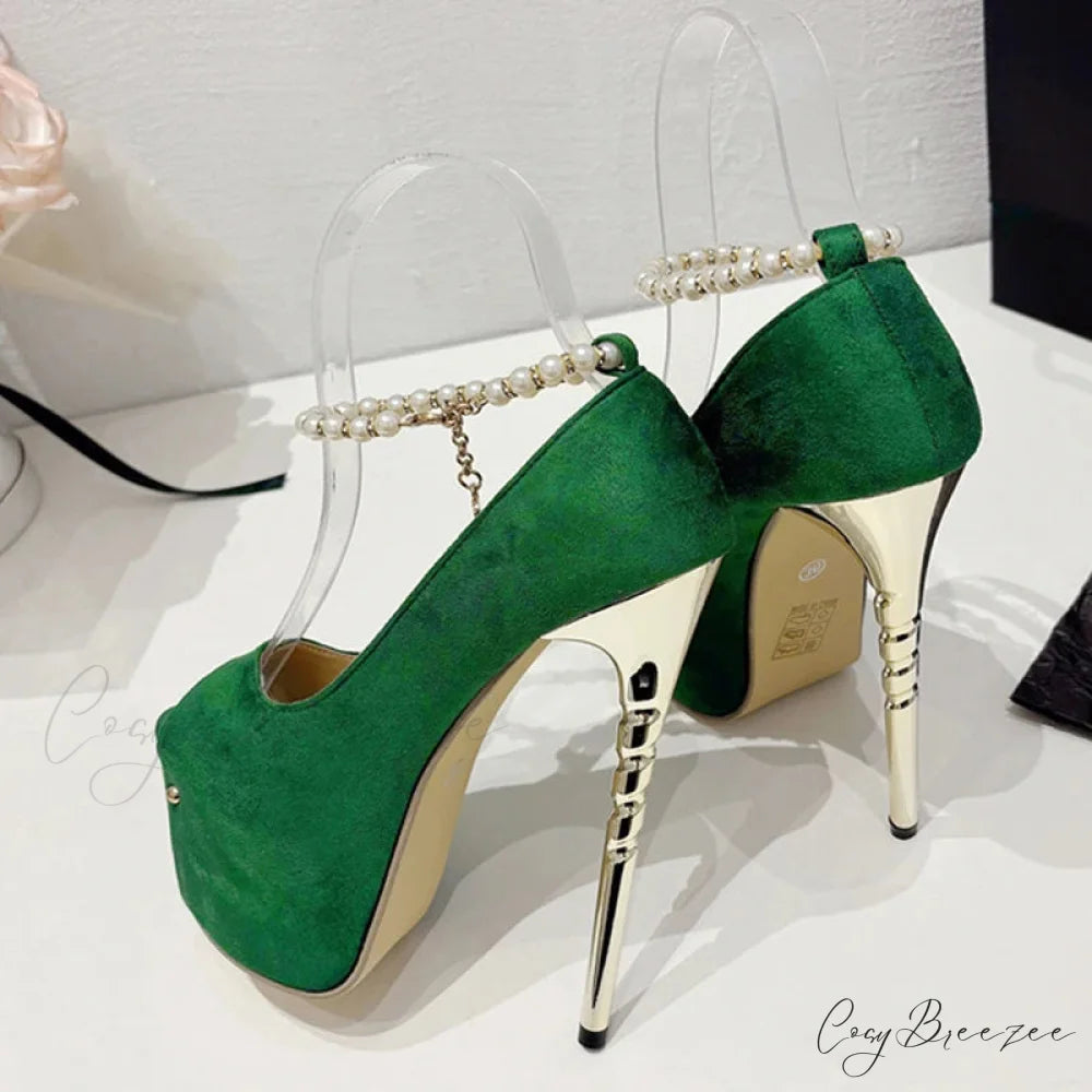 Green Peep Toe Wedding Banquet High Heels Platform Pumps with Ankle Strap