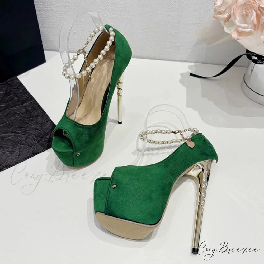 Green Peep Toe Wedding Banquet High Heels Platform Pumps with Ankle Strap