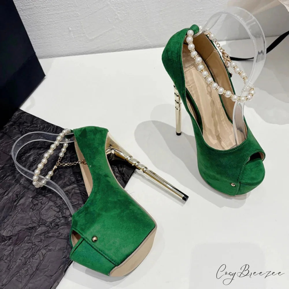 Green Peep Toe Wedding Banquet High Heels Platform Pumps with Ankle Strap