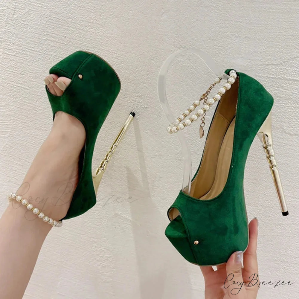 Green Peep Toe Wedding Banquet High Heels Platform Pumps with Ankle Strap
