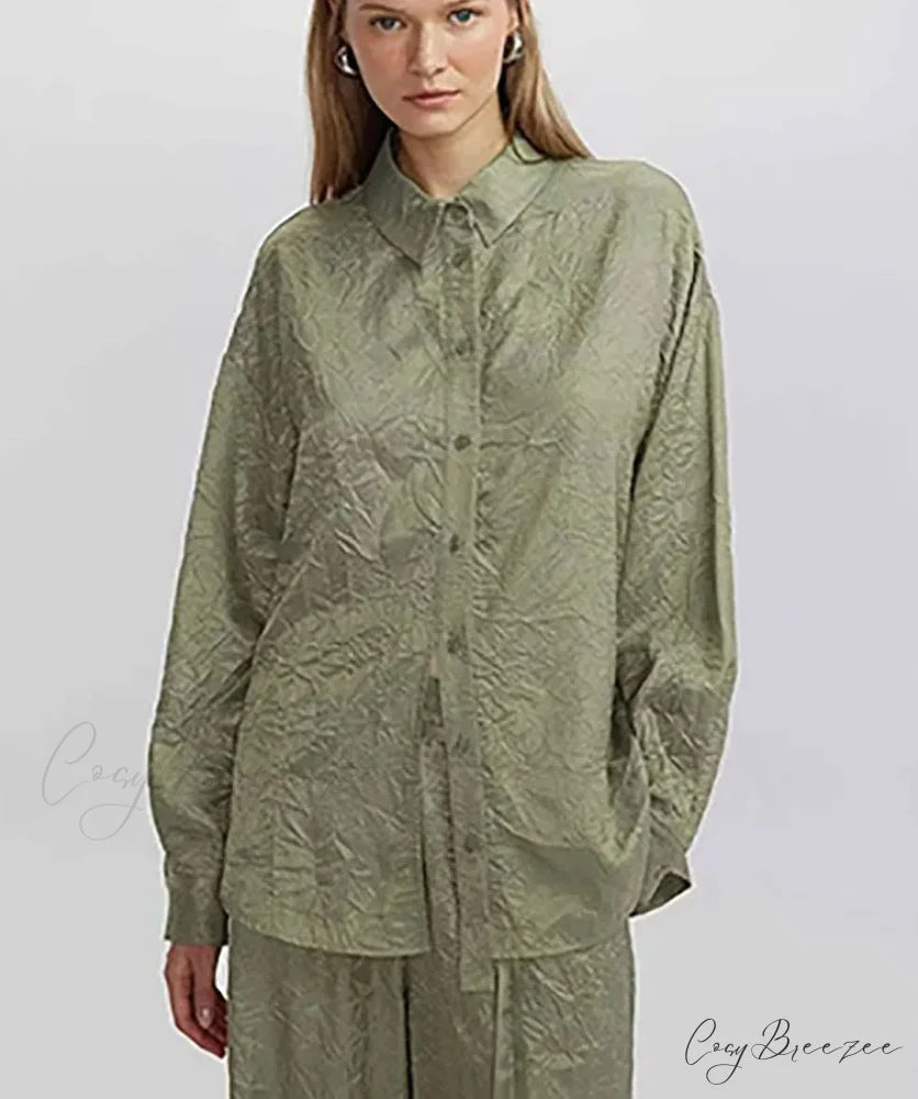 Green Pleated Drawstring Trousers Office Set officetwopieceset-250223