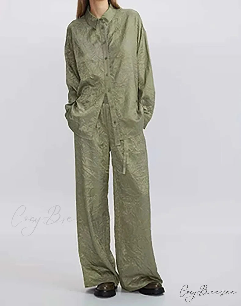 Green Pleated Drawstring Trousers Office Set Green / S officetwopieceset-250223