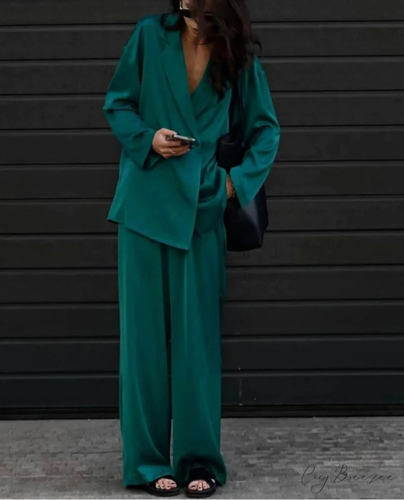 Green Satin High Waist Trousers Office Set Green / S officetwopieceset-250223
