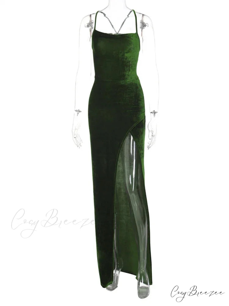 Green Velvet Lace-Up Maxi Dress - Backless Bodycon Christmas Party Dress