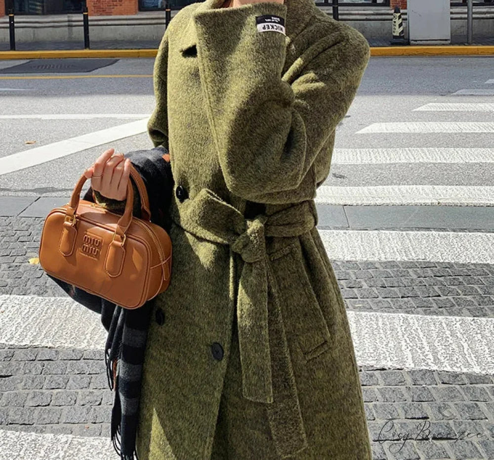 Green Wool Lapel Double-Breasted Coat overcoats-241228