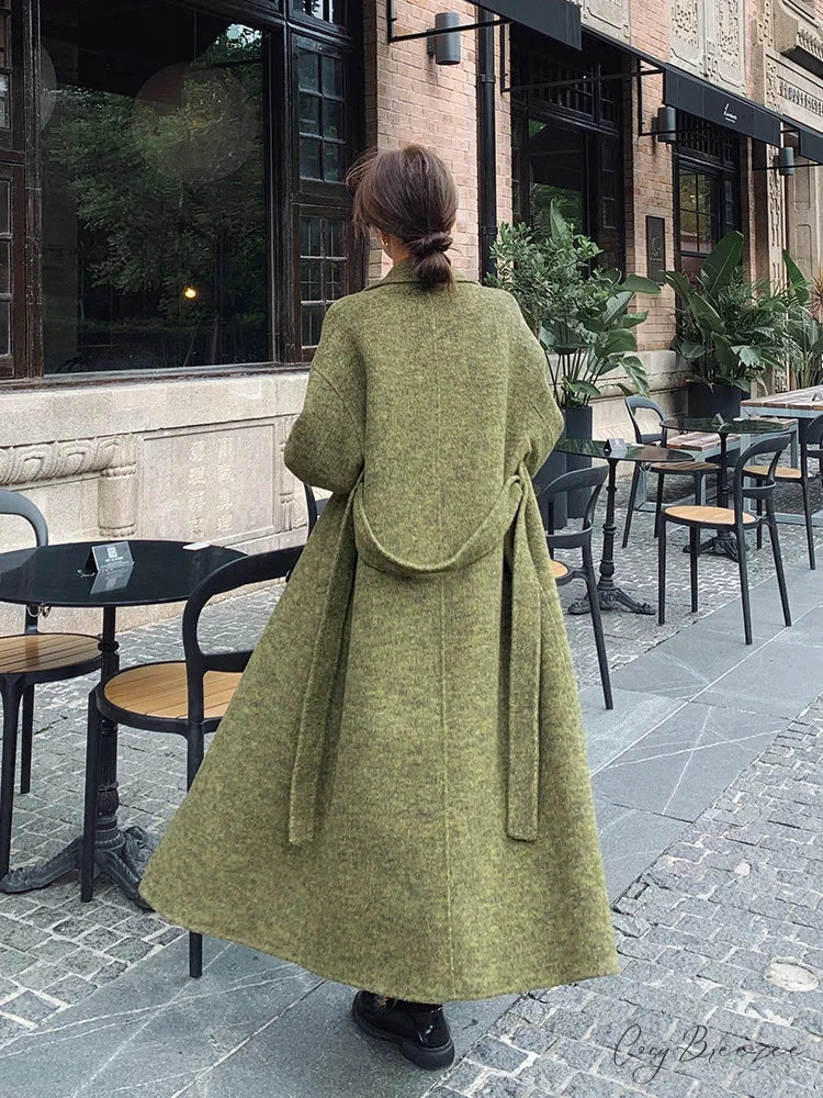 Green Wool Lapel Double-Breasted Coat overcoats-241228