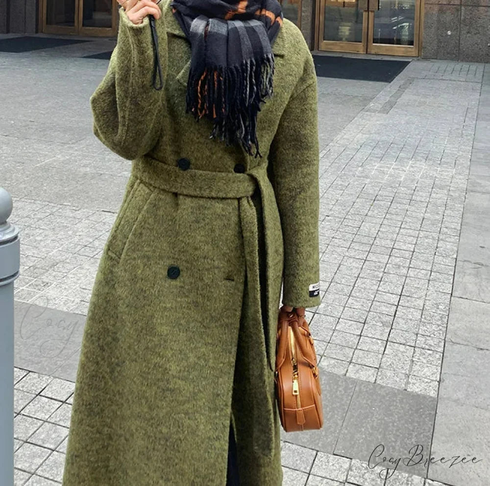 Green Wool Lapel Double-Breasted Coat overcoats-241228