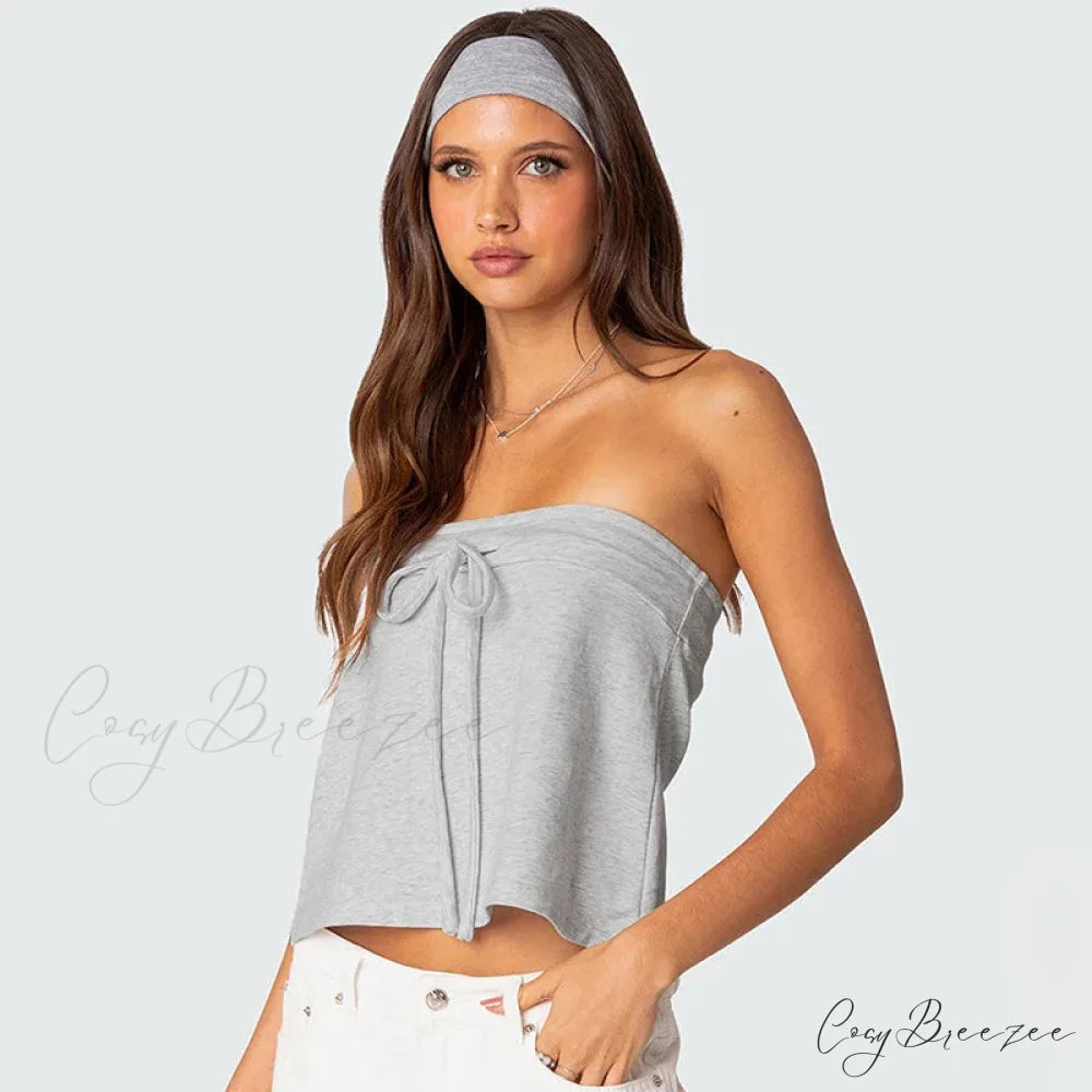 Grey Bow Tube Charming Jersey Crop Top