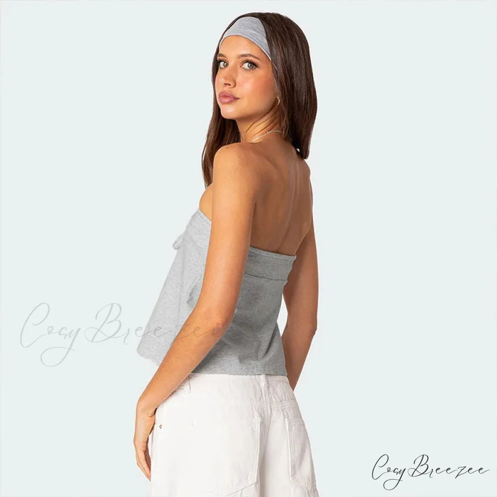 Grey Bow Tube Charming Jersey Crop Top