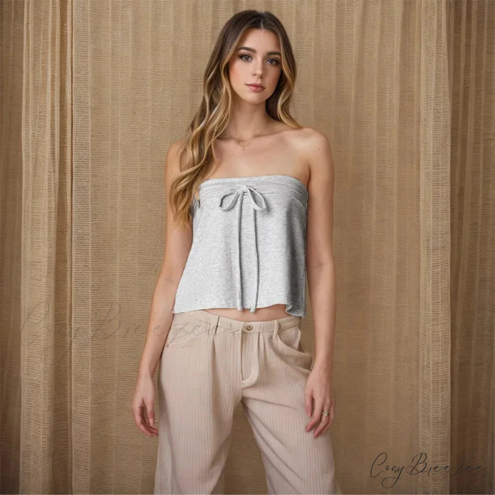 Grey Bow Tube Charming Jersey Crop Top