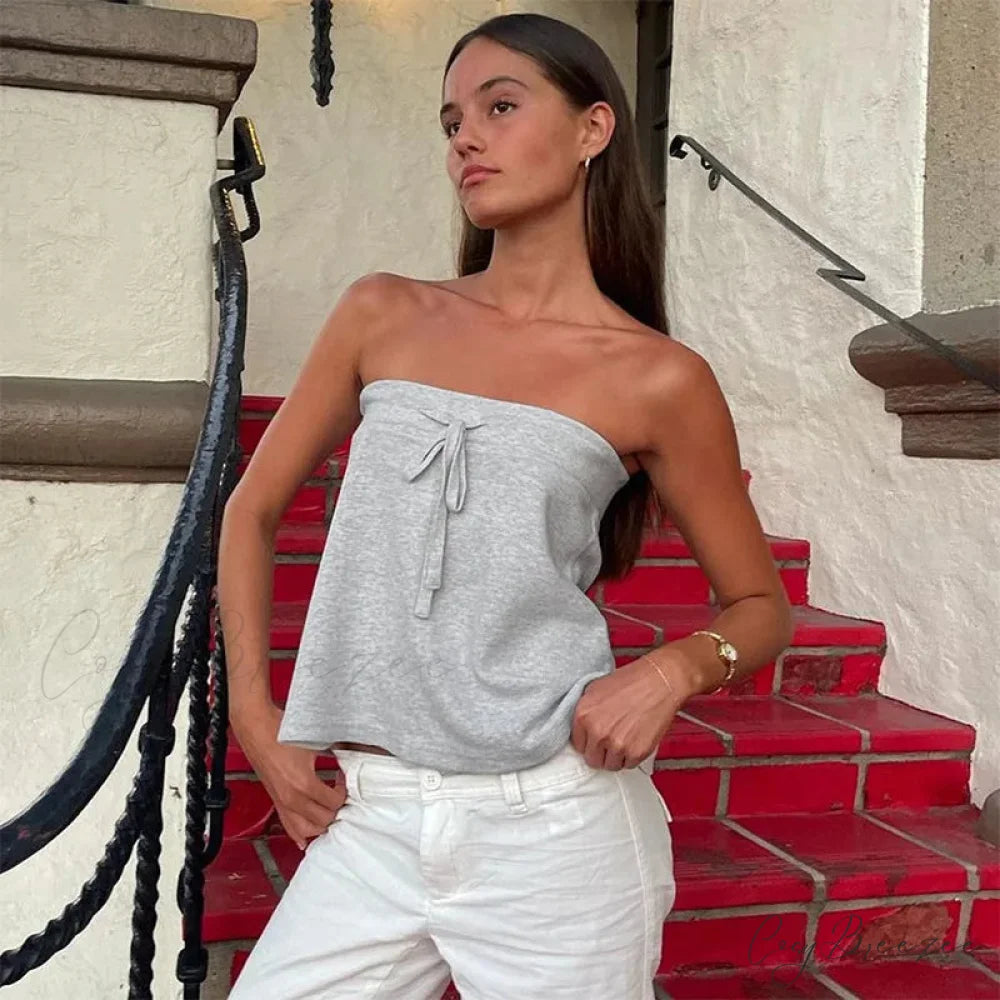 Grey Bow Tube Charming Jersey Crop Top
