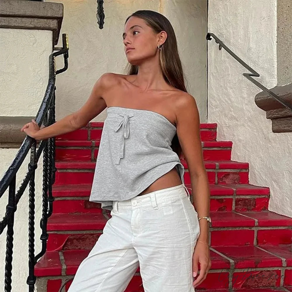 Grey Bow Tube Charming Jersey Crop Top