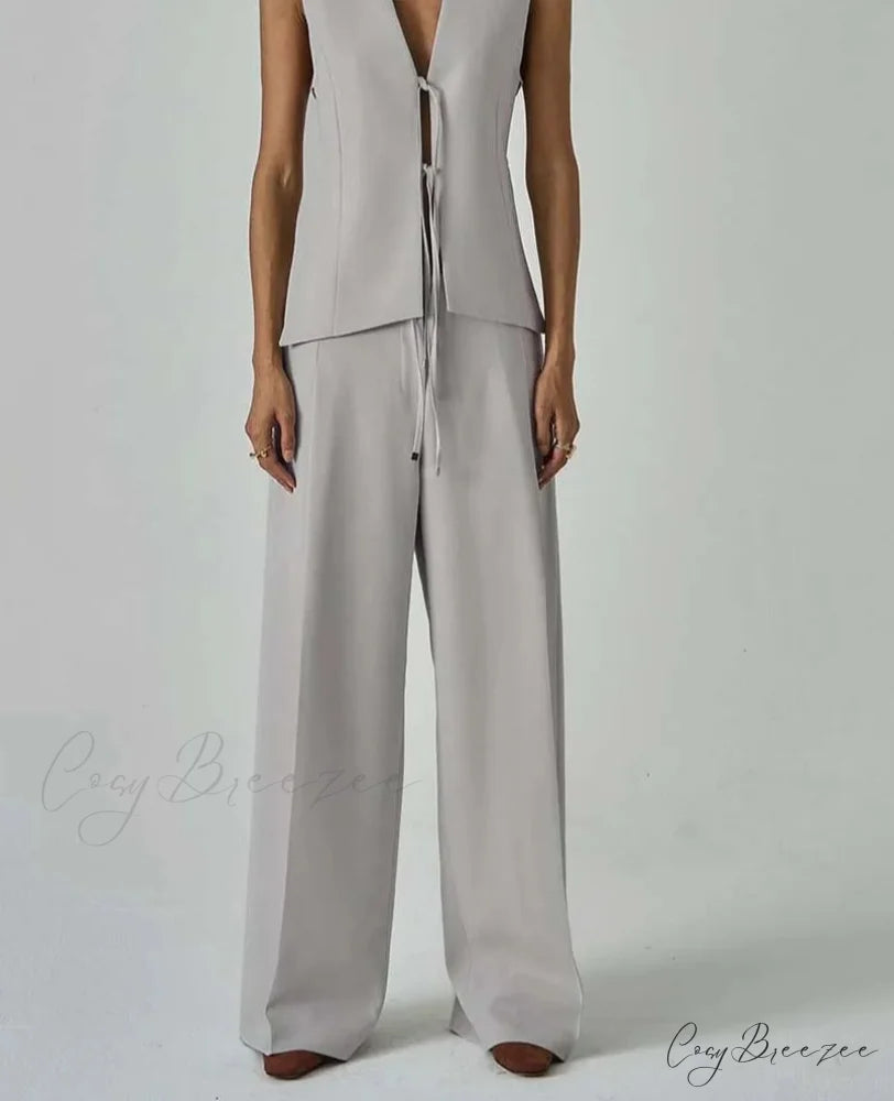 Grey Button Shirt Lace-Up Pants Office Set officetwopieceset-250223