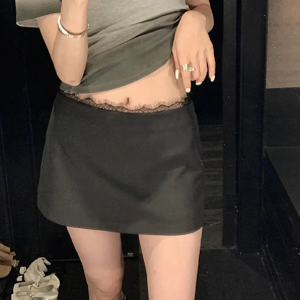 Grey Lace Trim Charming Solid Mini Skirt