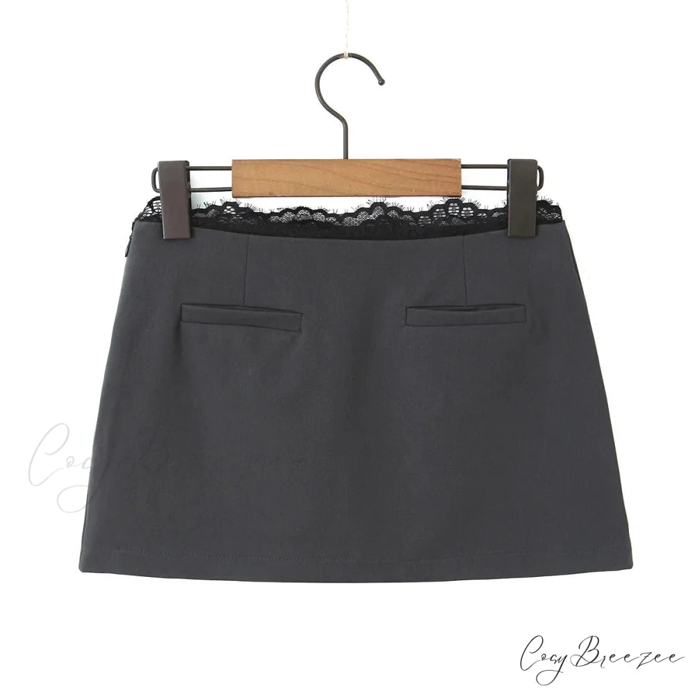 Grey Lace Trim Charming Solid Mini Skirt