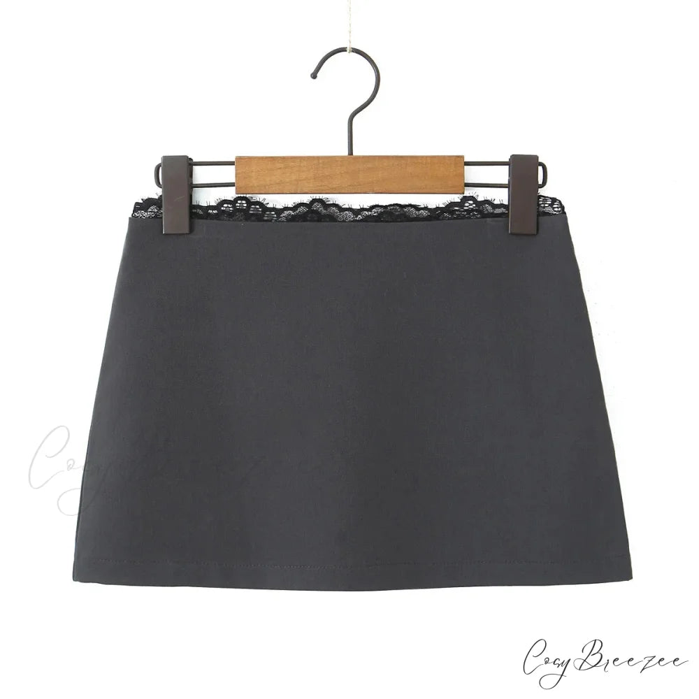 Grey Lace Trim Charming Solid Mini Skirt