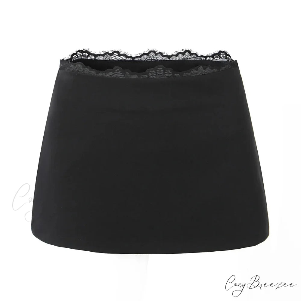 Grey Lace Trim Charming Solid Mini Skirt Black / S
