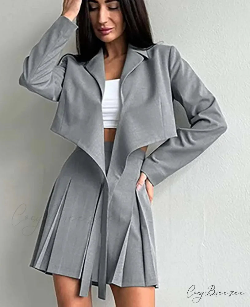 Grey Lace-Up Pleated Mini Office Set GRAY / S officetwopieceset-250223