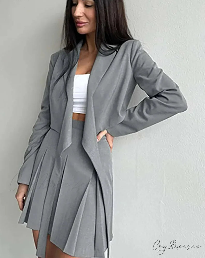 Grey Lace-Up Pleated Mini Office Set officetwopieceset-250223