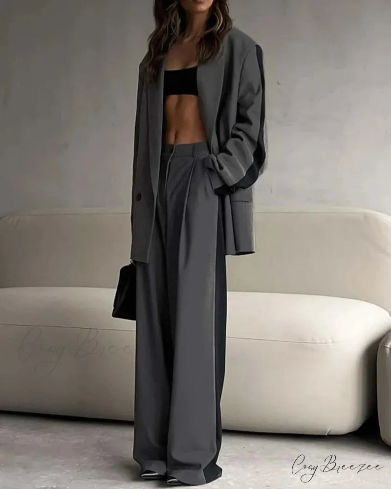 Grey Patchwork Blazer Trousers Office Set officetwopieceset-250223