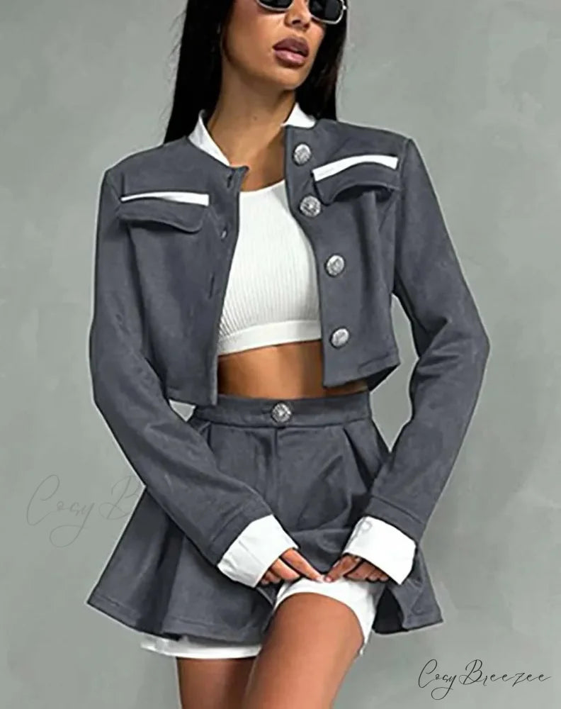 Grey Patchwork Crop Pleated Mini Office Set officetwopieceset-250223