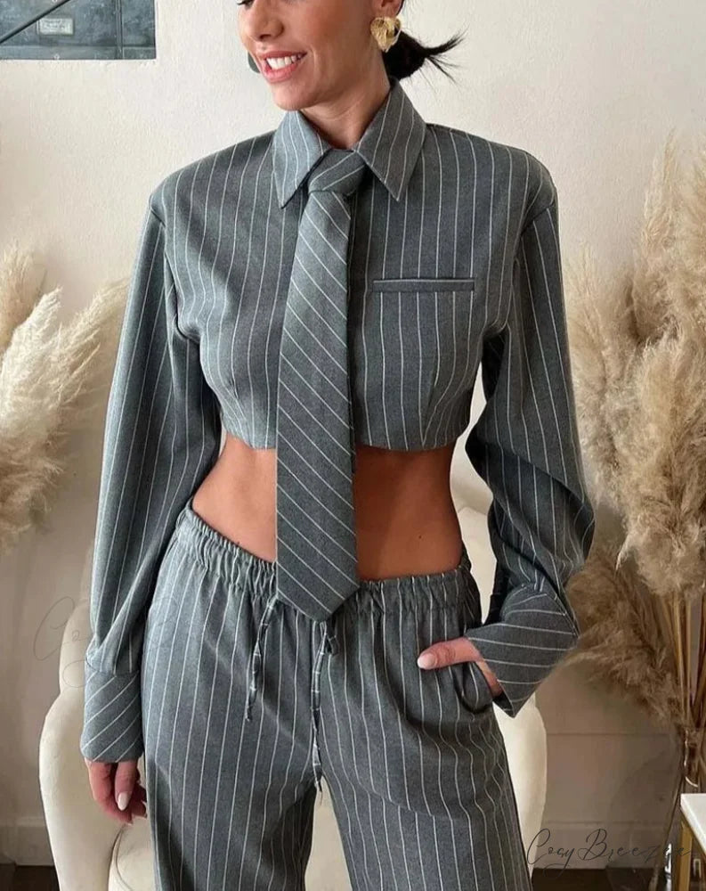 Grey Print Crop Drawstring Trousers Office Set officetwopieceset-250223