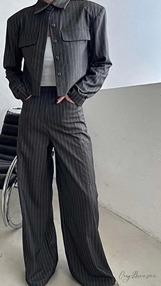 Grey Print Pockets Button Pants Office Set officetwopieceset-250223