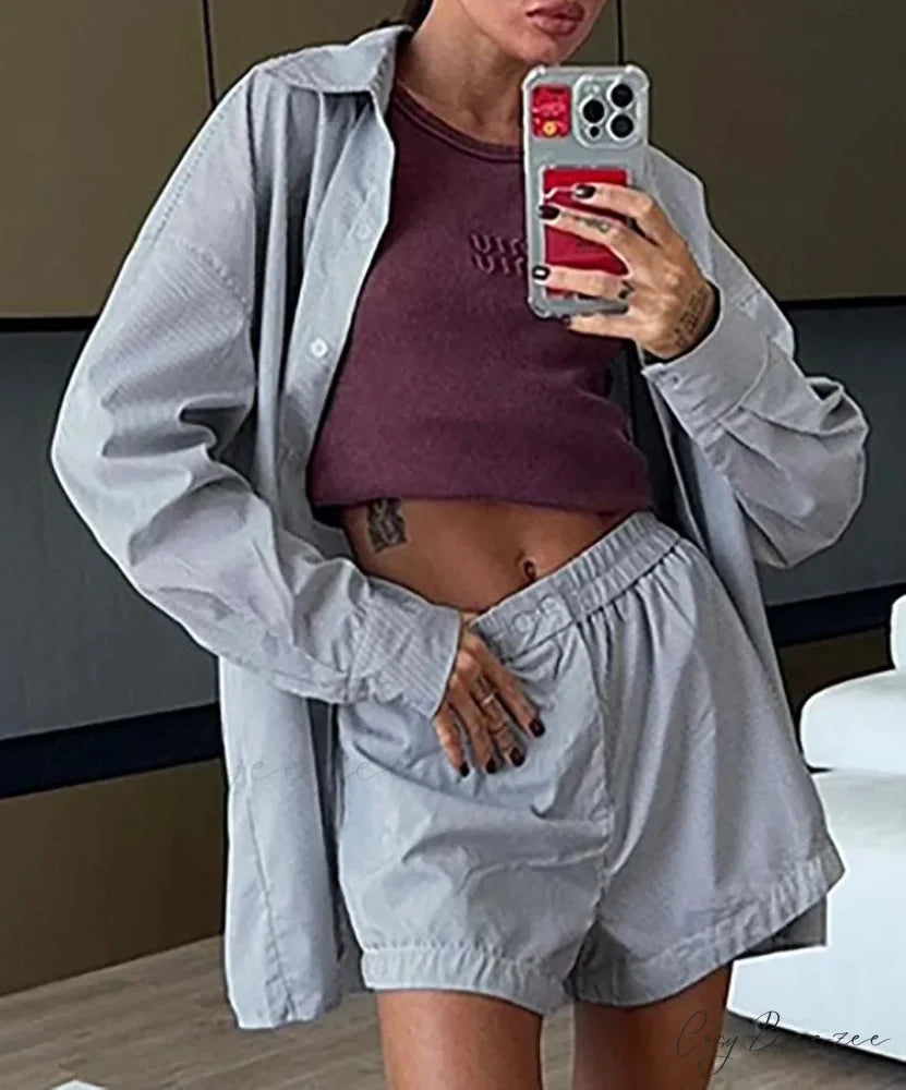 Grey Print Single Breasted Shorts Office Set officetwopieceset-250223