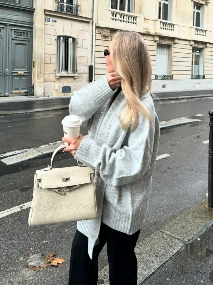 Grey Scarf Collar Loose Cashmere Cardigan cardigans-241228
