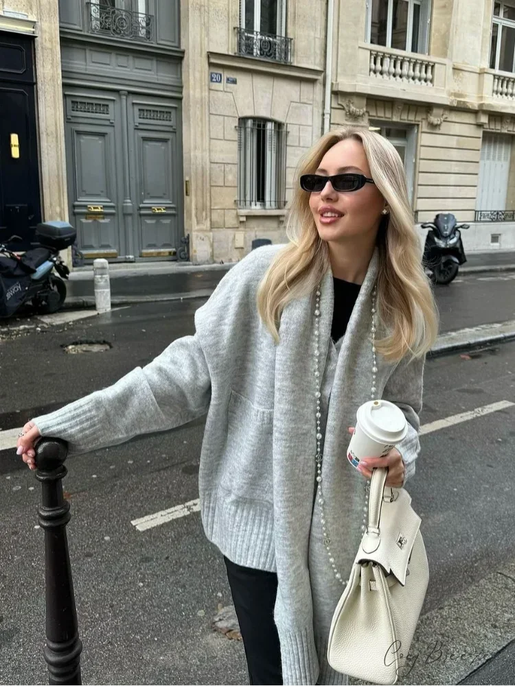 Grey Scarf Collar Loose Cashmere Cardigan cardigans-241228