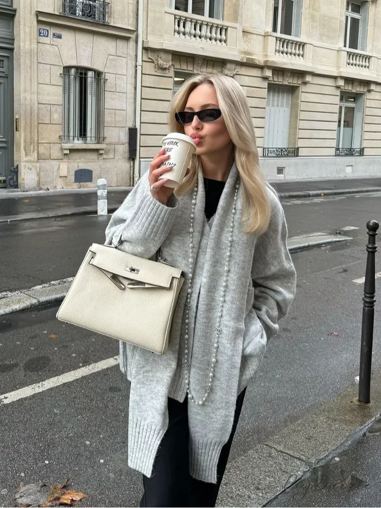 Grey Scarf Collar Loose Cashmere Cardigan cardigans-241228