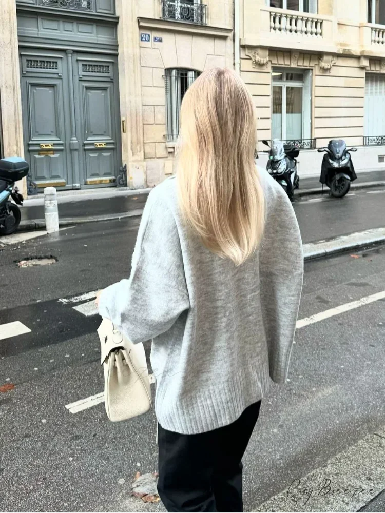 Grey Scarf Collar Loose Cashmere Cardigan cardigans-241228