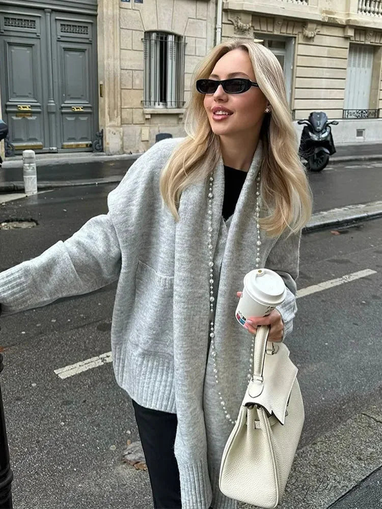 Grey Scarf Collar Loose Cashmere Cardigan Grey / S cardigans-241228