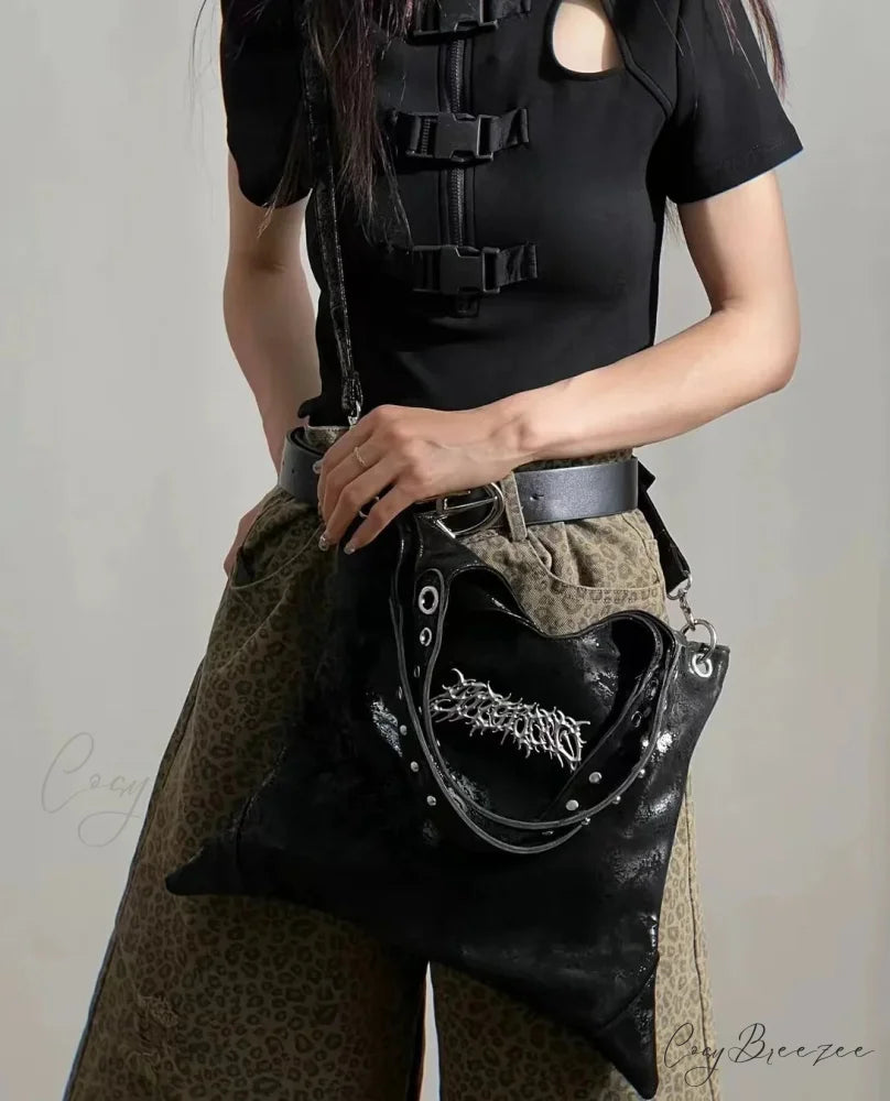 Grunge Black Gothic Dark PU Leather Large Capacity Vintage Rivet Messenger Bag Black