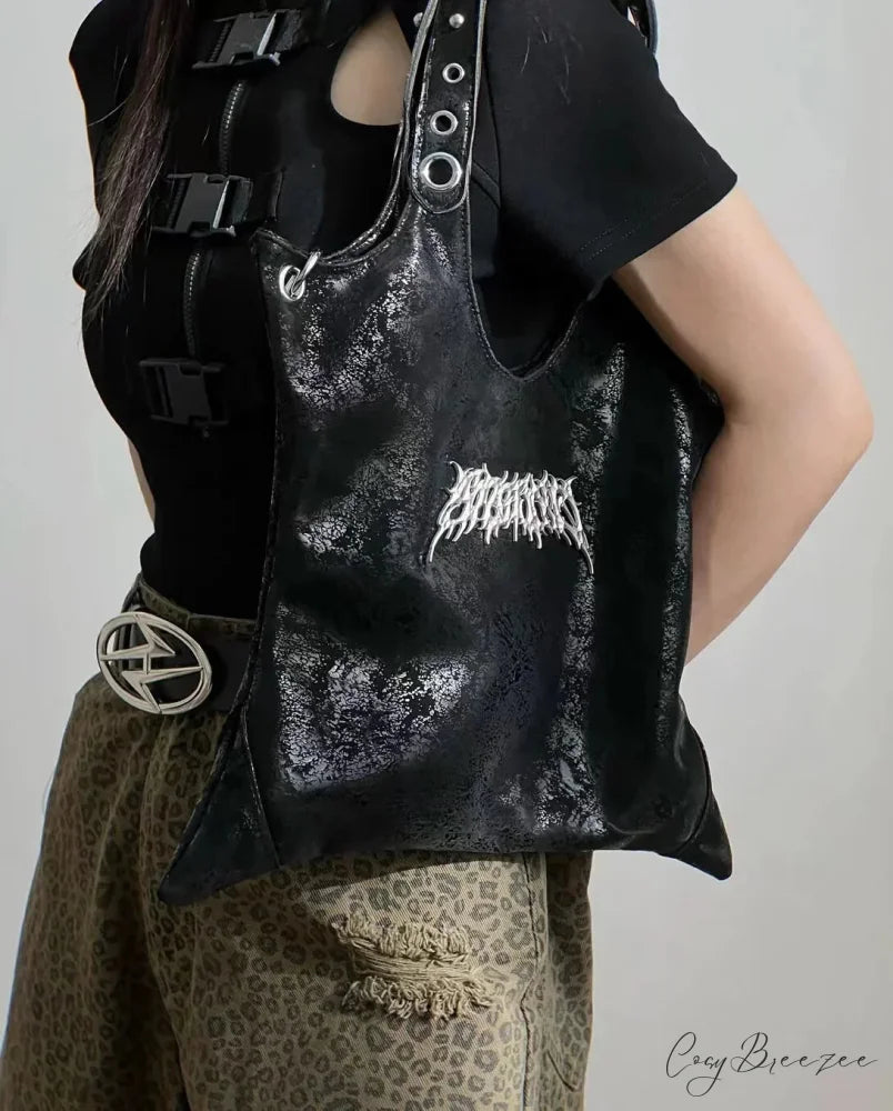 Grunge Black Gothic Dark PU Leather Large Capacity Vintage Rivet Messenger Bag Black