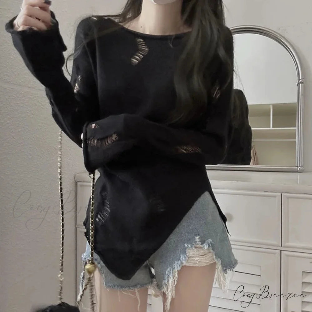 Grunge Hollow Out Knitted Sweater Slim Thin Pullover Knit Top Black / One Size knittop-250126