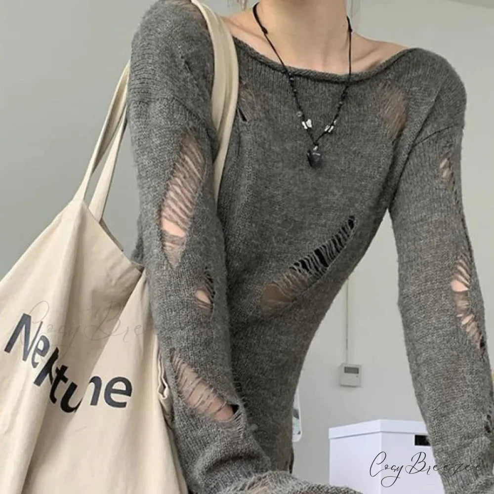 Grunge Hollow Out Knitted Sweater Slim Thin Pullover Knit Top knittop-250126