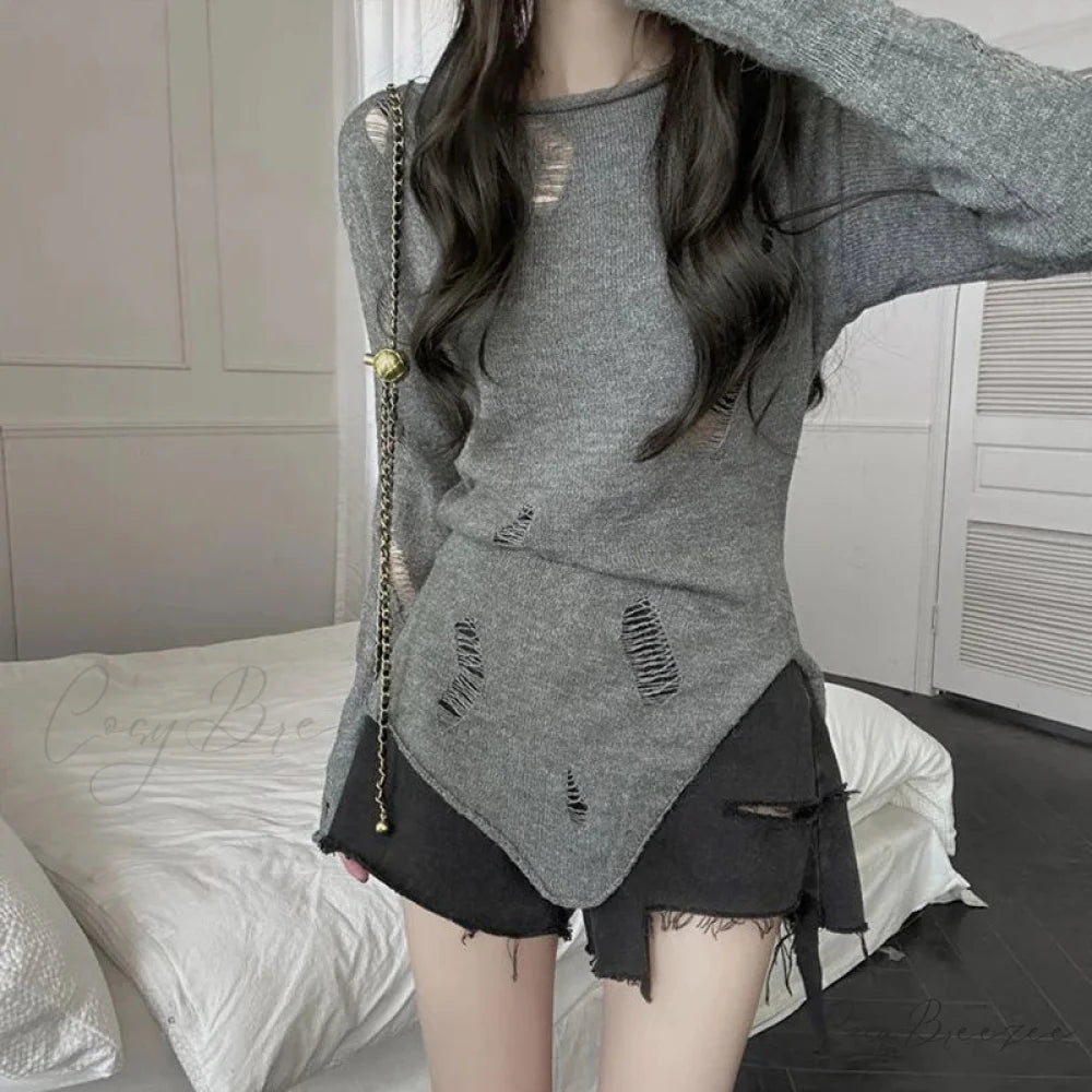 Grunge Hollow Out Knitted Sweater Slim Thin Pullover Knit Top knittop-250126