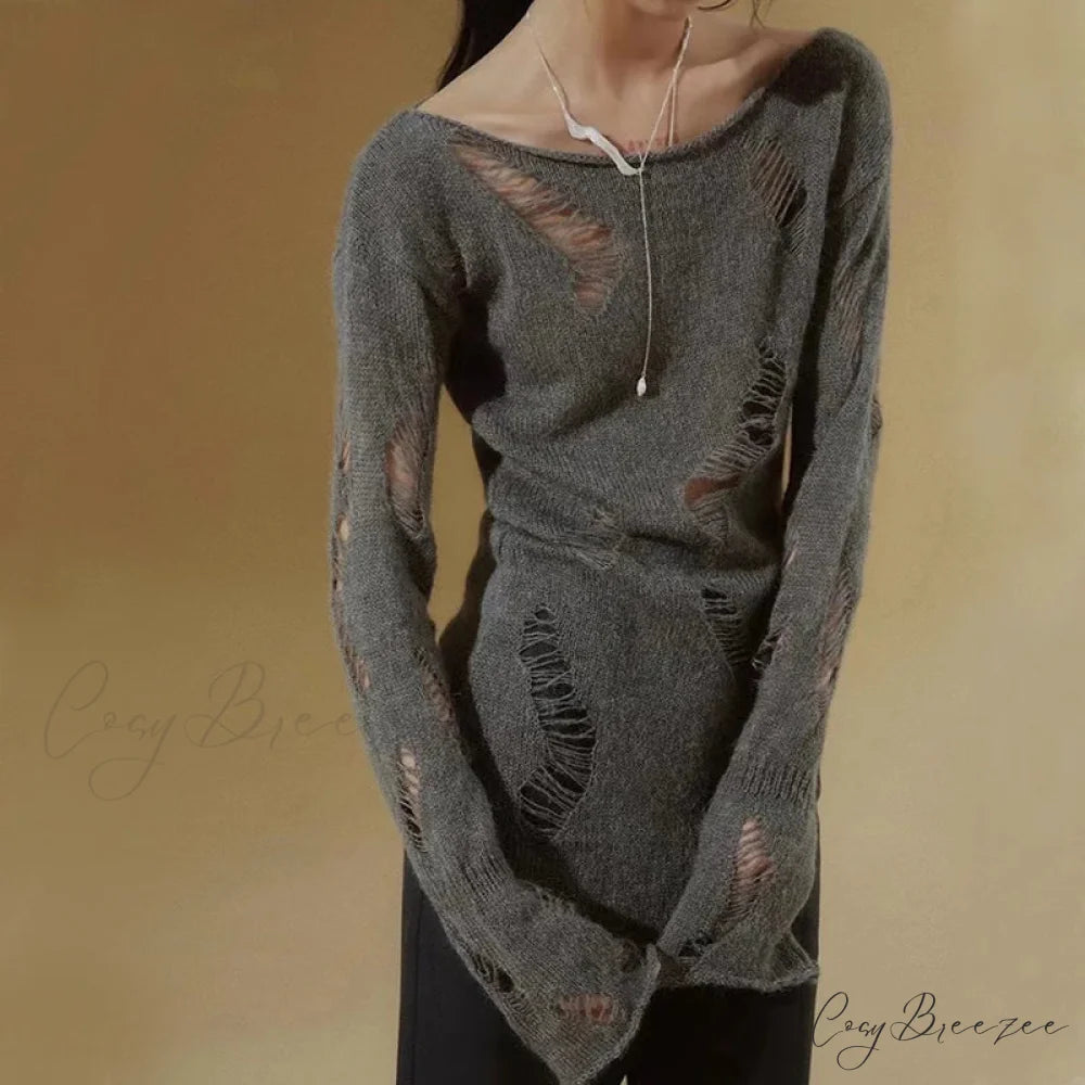 Grunge Hollow Out Knitted Sweater Slim Thin Pullover Knit Top knittop-250126