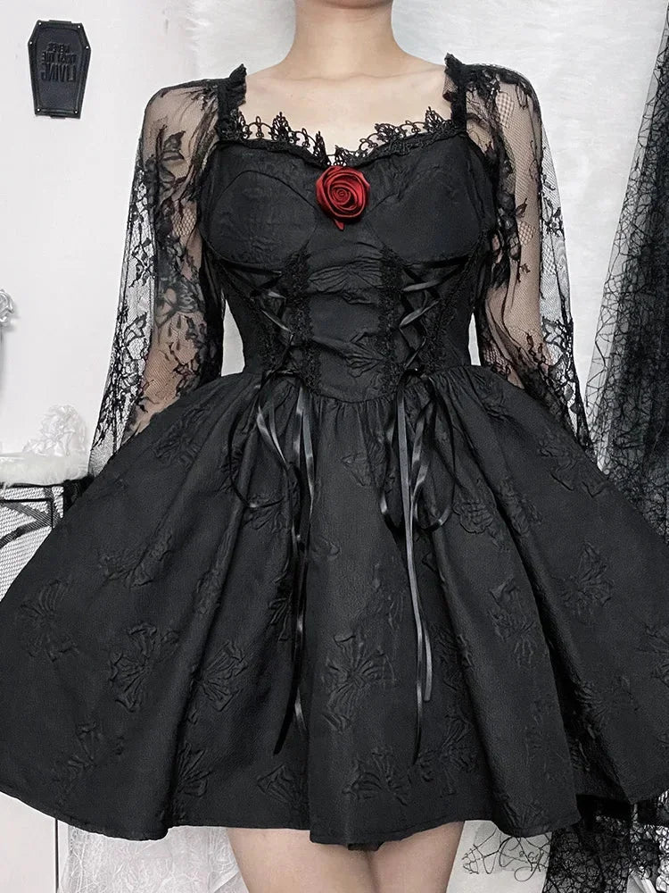Grunge Party High Waist Gothic Dark Sexy A-Line Jacquard Lace Sleeve Lolita Vintage Harajuku Dress Black / S