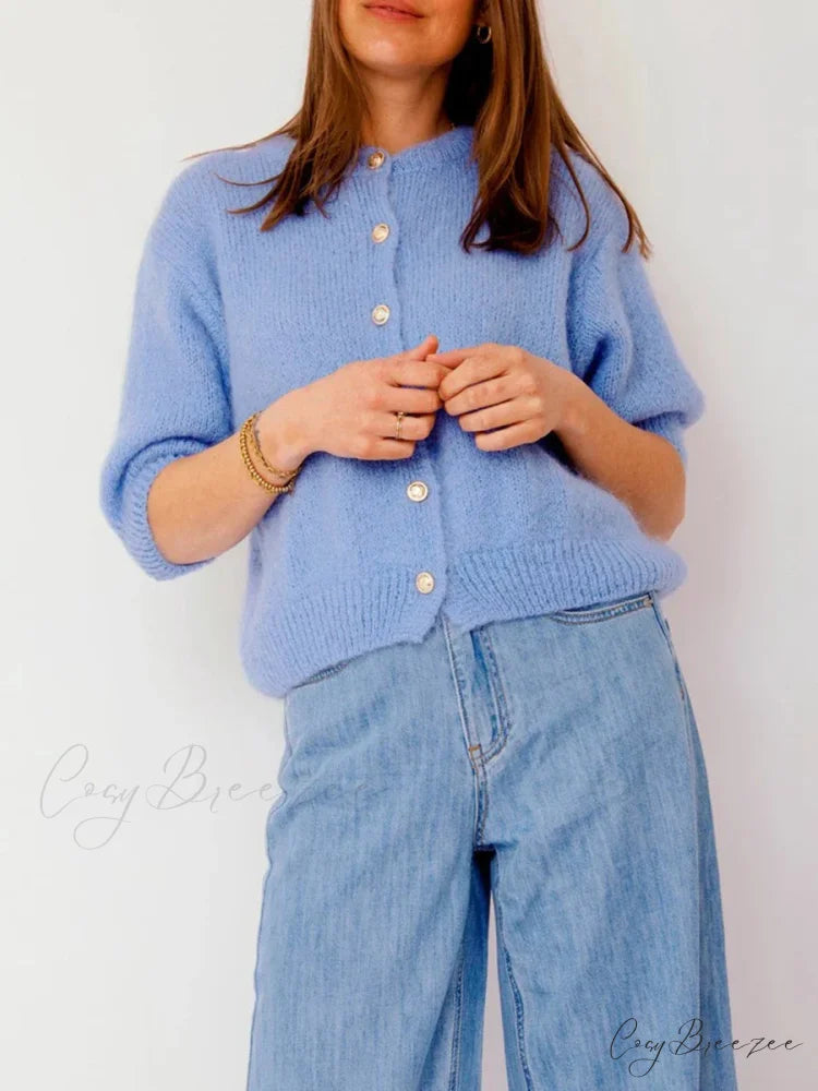 Half Sleeve O Neck Button-Up Knit Cardigan blue / S cardigans-241228