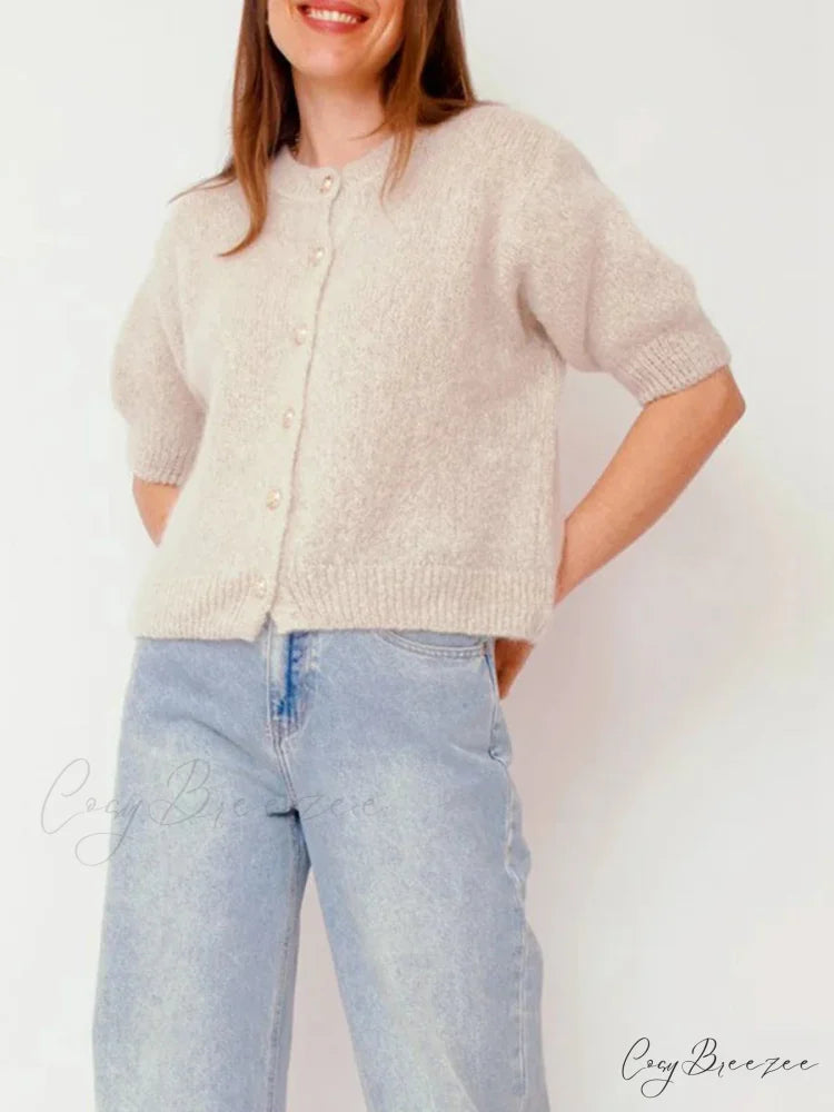 Half Sleeve O Neck Button-Up Knit Cardigan cardigans-241228