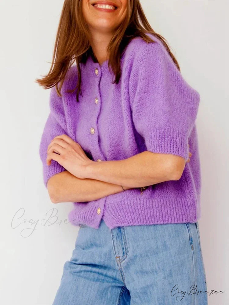 Half Sleeve O Neck Button-Up Knit Cardigan cardigans-241228