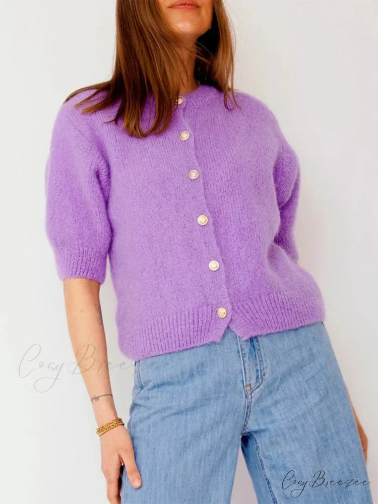 Half Sleeve O Neck Button-Up Knit Cardigan purple / S cardigans-241228