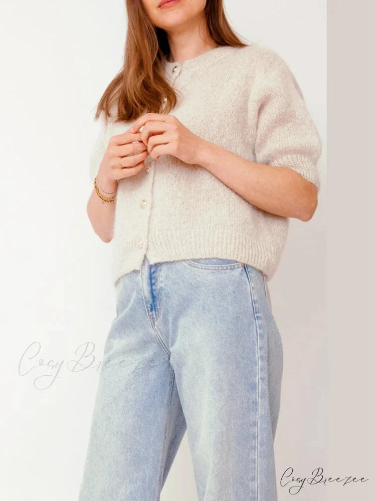 Half Sleeve O Neck Button-Up Knit Cardigan white / S cardigans-241228