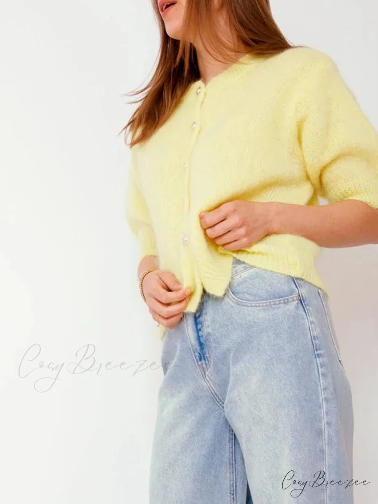 Half Sleeve O Neck Button-Up Knit Cardigan yellow / S cardigans-241228